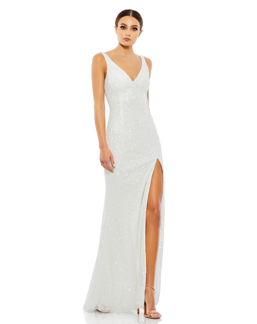 Mac Duggal White Sequined Sleeveless V Neck Side Slit Gown Size US 8