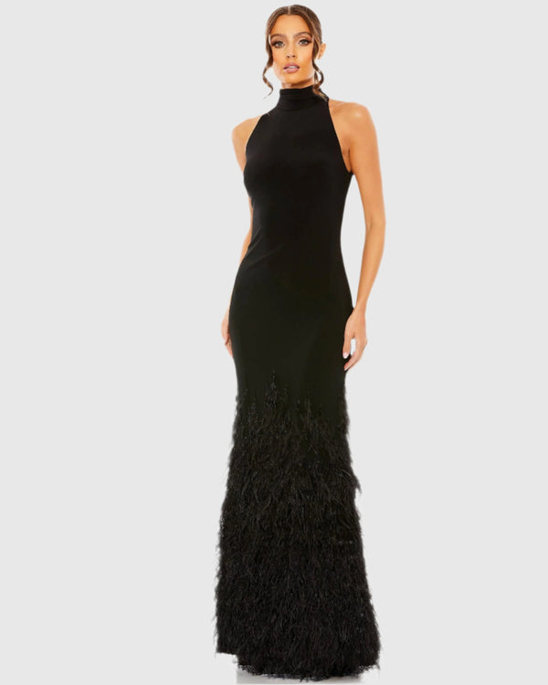 ieena for mac duggal black dress Women's Feather Tiered Detail Jersey Halter Gown - A-line Satin Off Shoulder Spitzen Brautkleid waist:36 Jewel neck