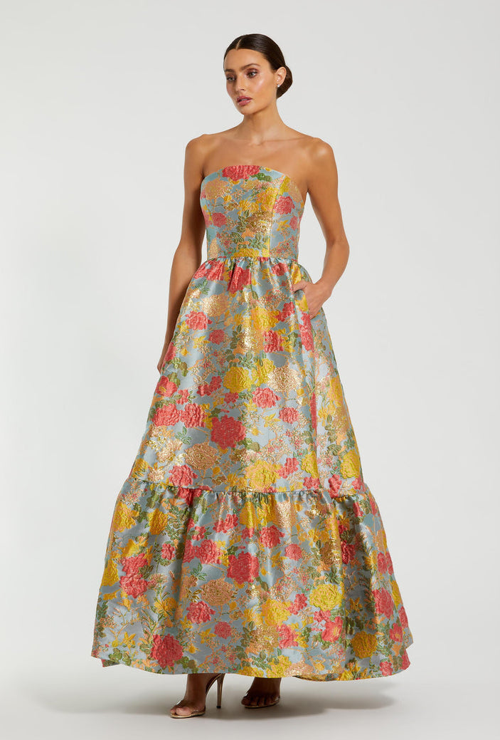 mcdougal dress Mac Duggal Women's Strapless Brocade Floral Gown With Ruffle Hem Jamsmile Womens Denim Dress Mac Duggal s remarkable black double breasted vest suit Color:Distressed Black