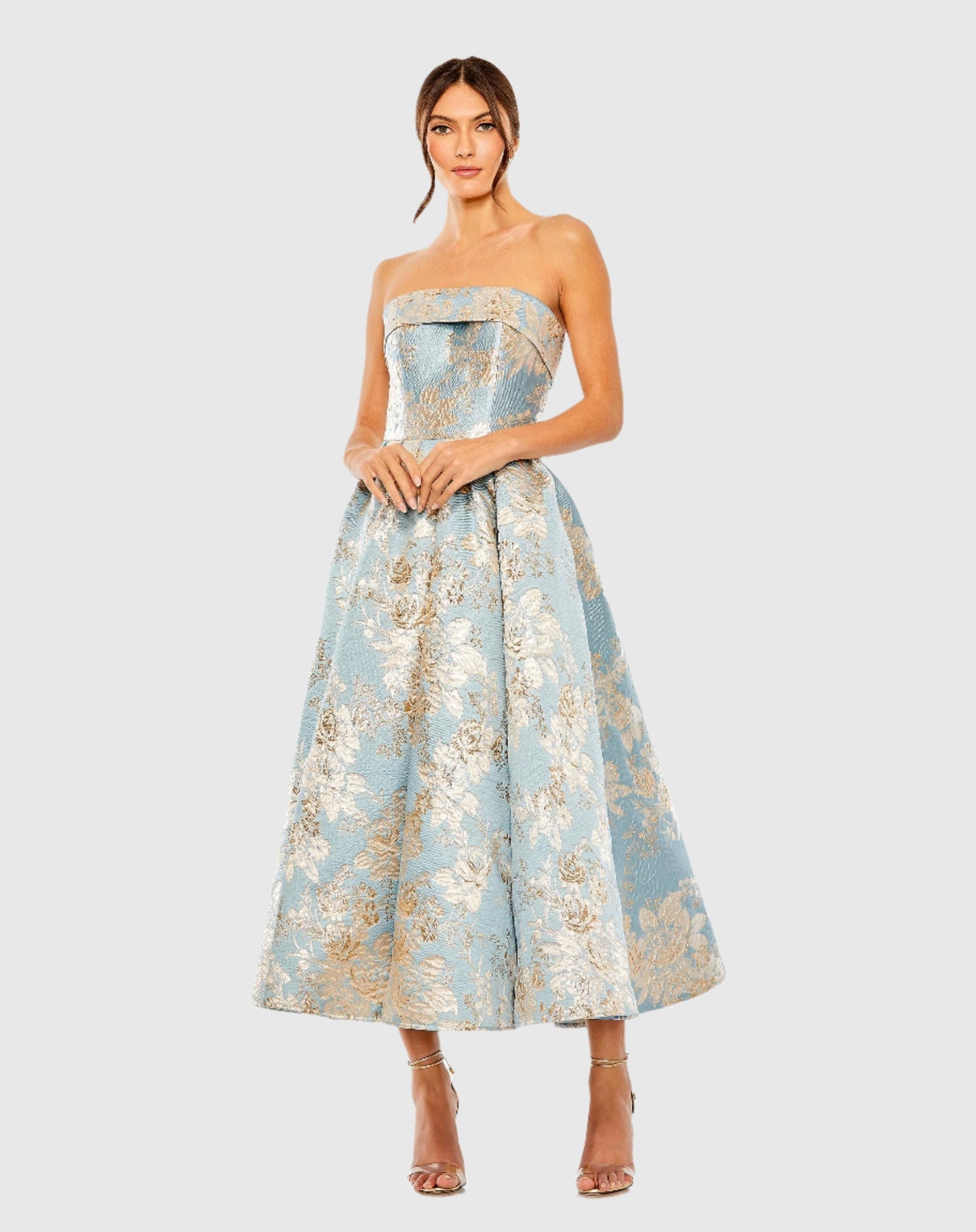 【Mac Duggal】スパンコール プランジネック ストラクチャード Multicolor Strapless Floral Brocade A-Line Gown | Mac Duggal
