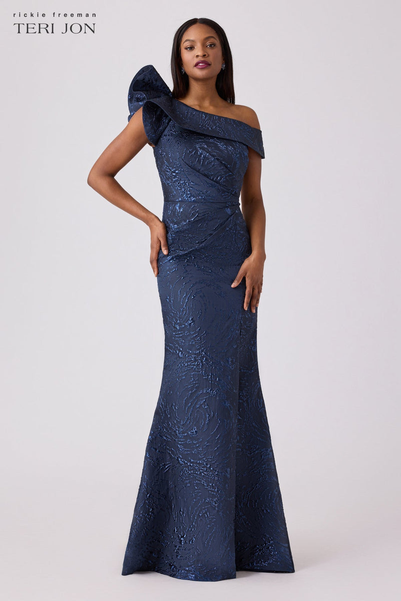 Teri Jon Swirl Jacquard Ruffle Gown Size 2