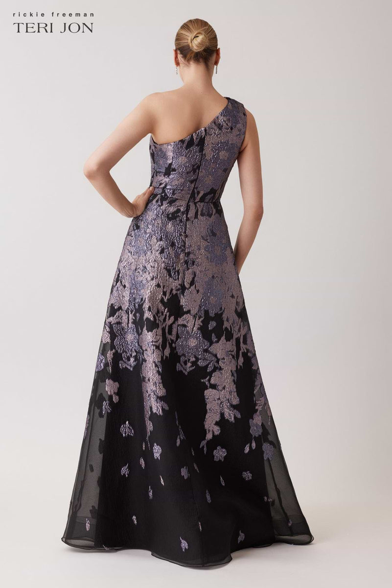 Teri Jon Floral Metallic Jacquard One Shoulder Gown Size 12