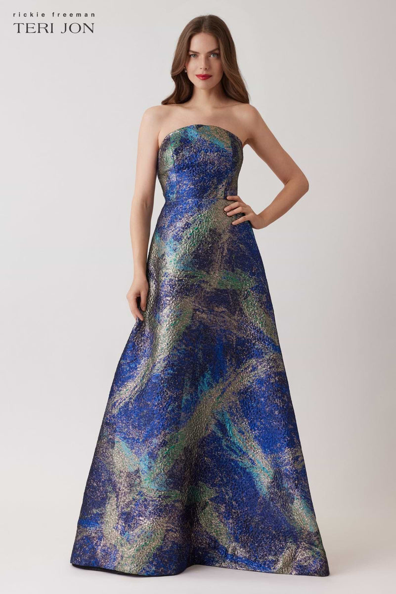 Teri Jon Jacquard Gown - Cobalt Multi