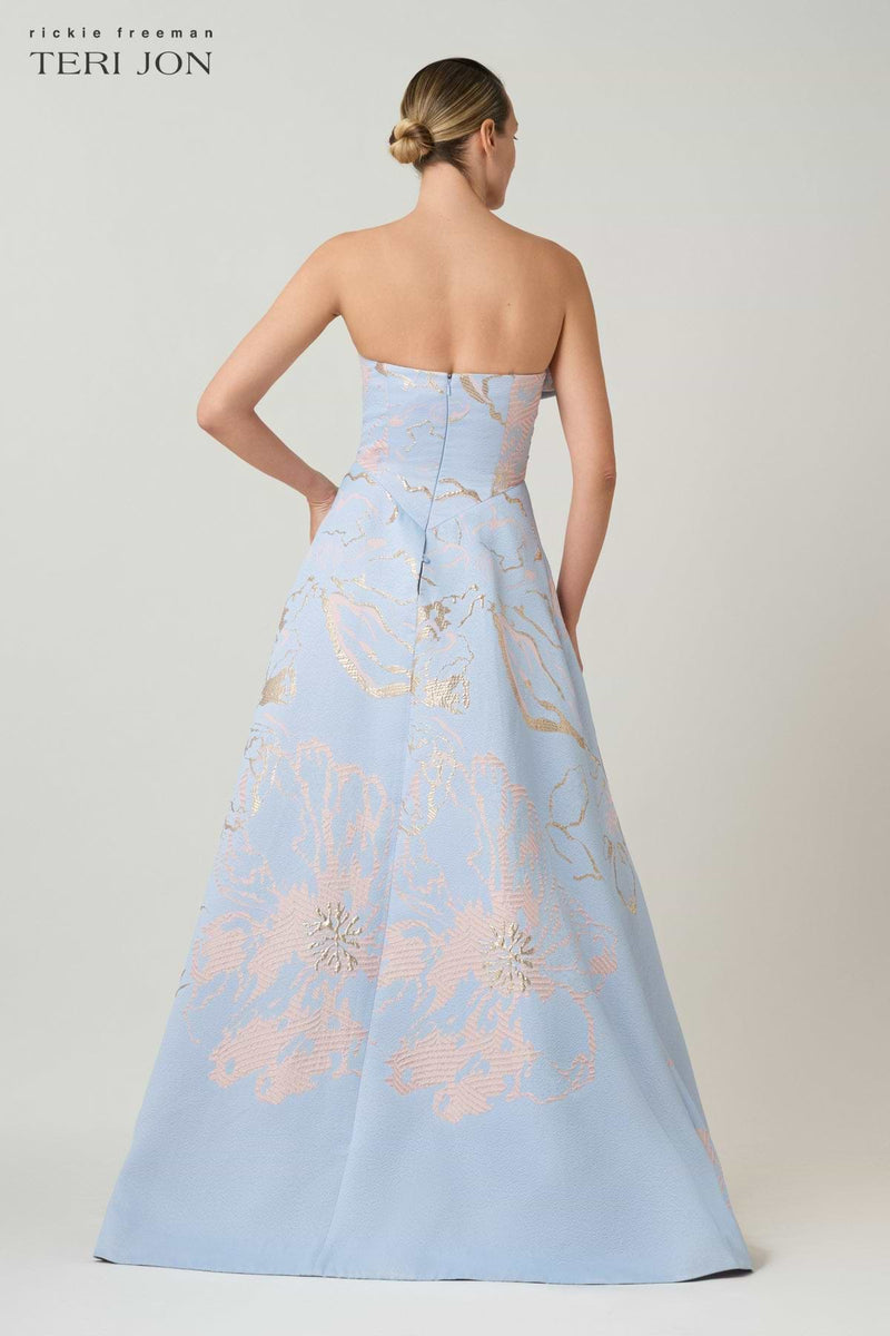 Teri Jon Metallic Jacquard Strapless Side Bow A Line Skirt Gown Size 12