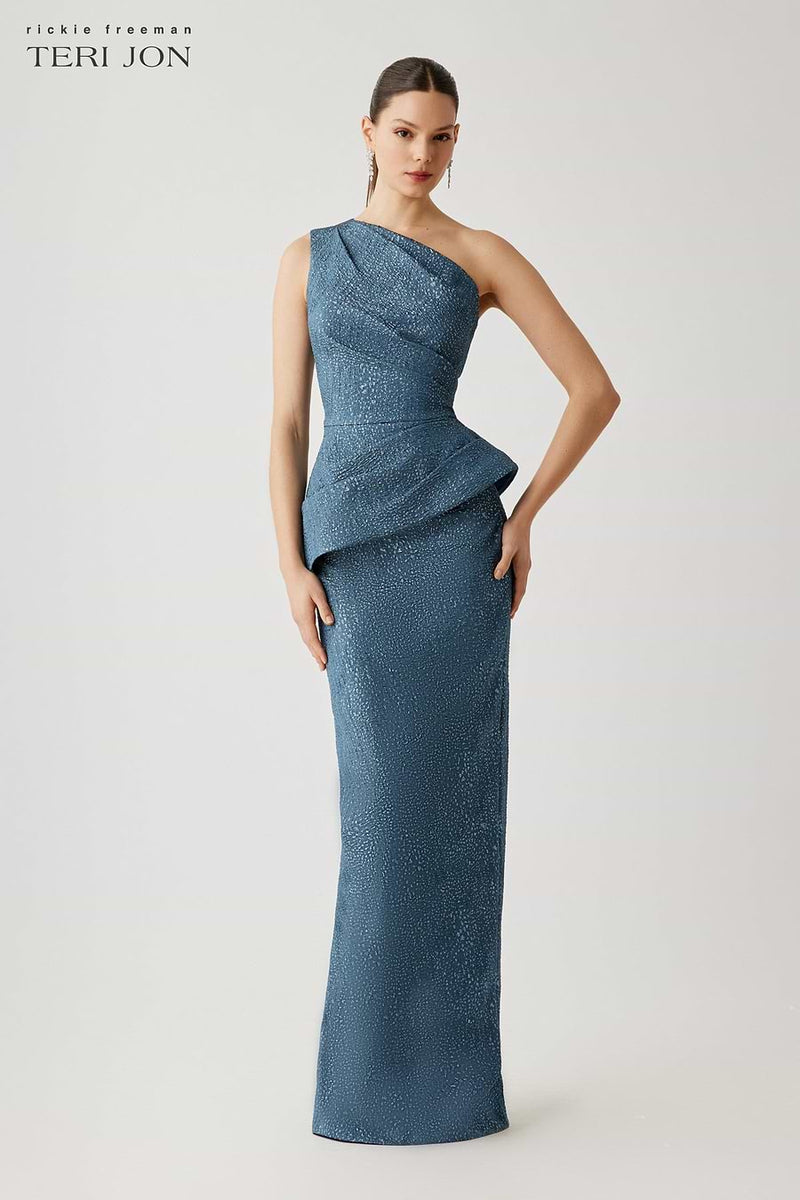 Teri Jon Metallic Jacquard One Shoulder Side Drape Peplum Gown Size 20