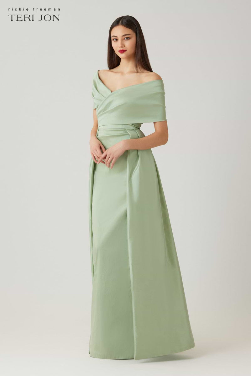 Teri Jon Taffeta Off The Shoulder Overlay Skirt Gown Size 12