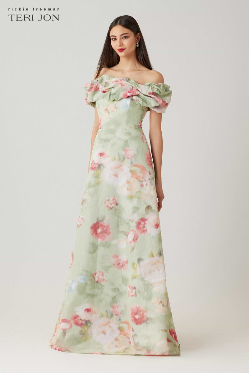 teri jon evening dresses Teri Jon Flower Print Crepe With Chiffon Overlay Gown Size 10