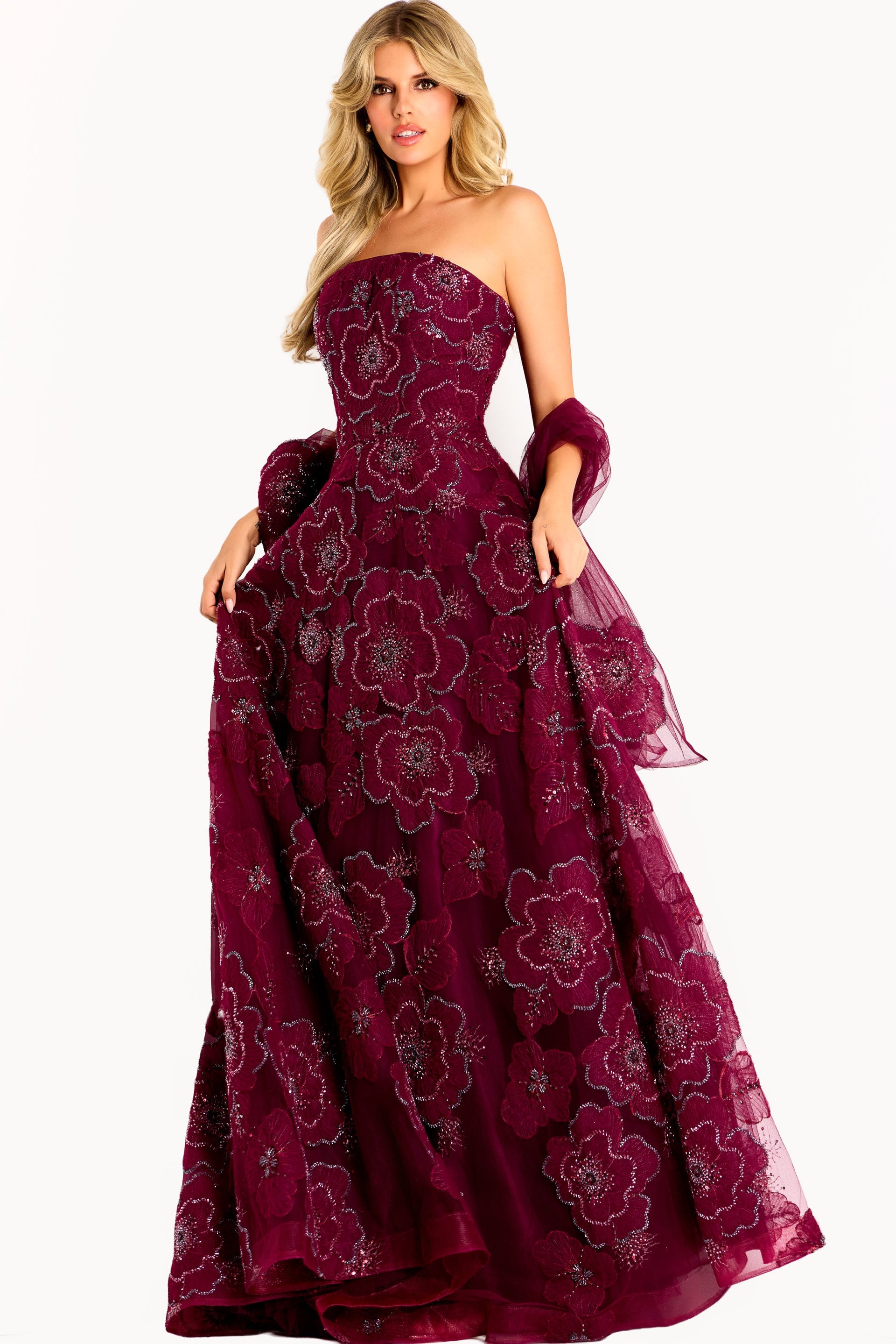 burgundy strapless embellished jovani prom dress 5908 Ball Gown with Beaded Floral Appliques 46033 RD-03.14.25 The strapless neckline offers Navy Satin Block Heel Size:4-6yr