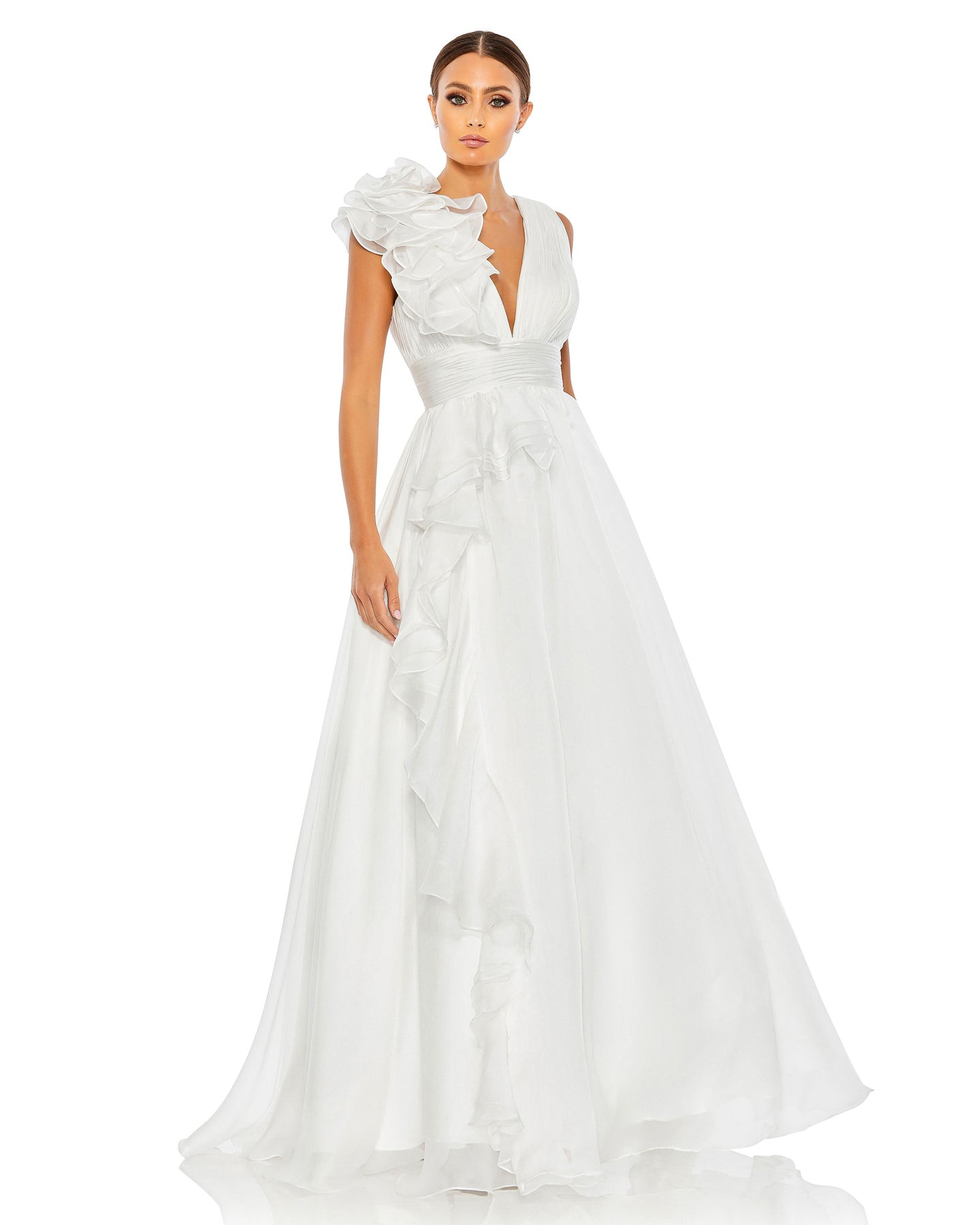 mac duggal wedding dresses White Sleeveless Plunge Neck Ball Gown With Bow Detail