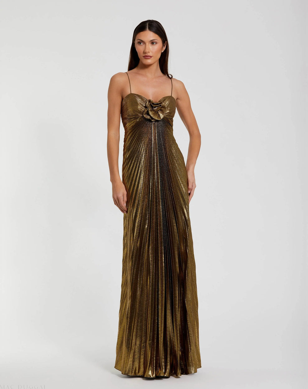 mac duggal gold dress Women's Thin Strap Pleated Metallic Gown With 3D Flower - - Size 10 Deep Roasted Sesame Dressing Child  Size:child-12 2024.7 embellished sequin and beads