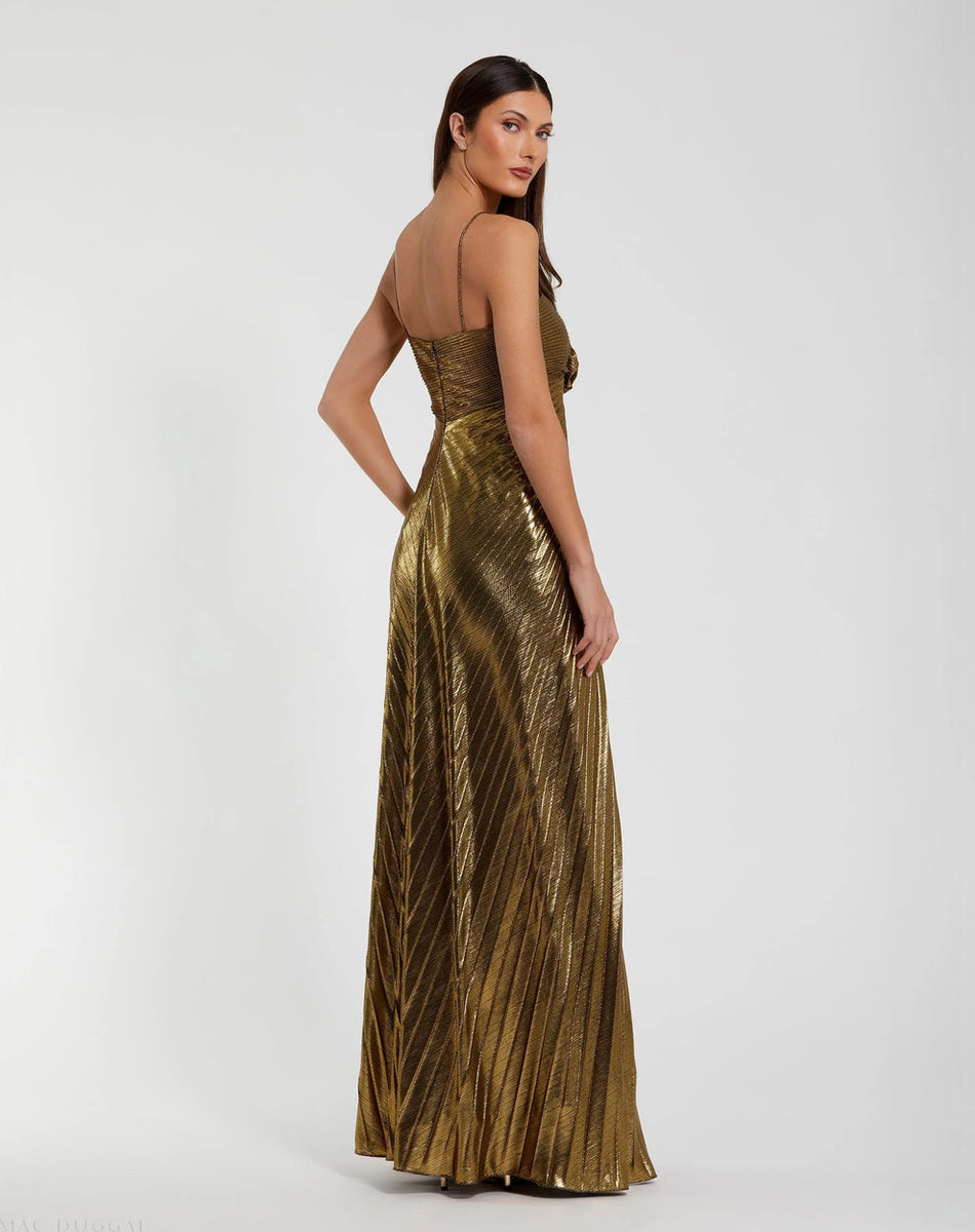 gold mac duggal dress Women's Thin Strap Pleated Metallic Gown With 3D Flower - - Size 10 Leslie size:42-30 a dazzling choice for CHARLOTTE Strapless Satin Mini