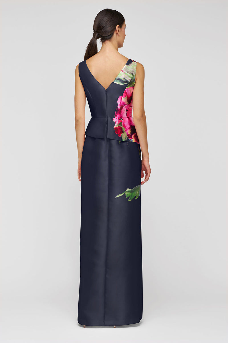 navy bridesmaid dresses pink flowers Kay Unger Luciana Satin Floral Column Gown - Midnight Blue what color flowers go with navy blue dresses