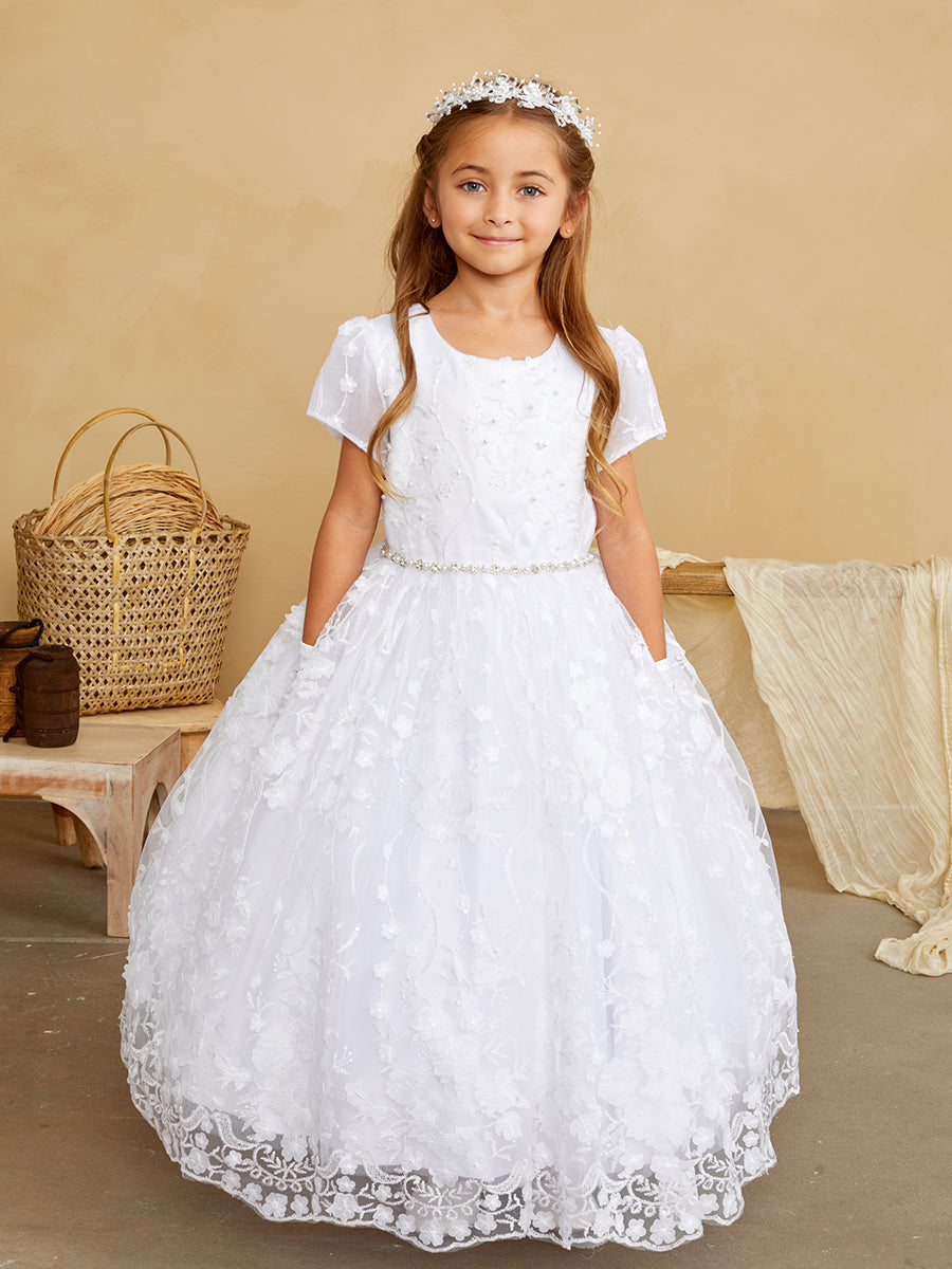 Girls 3D Floral Applique Special Occasion Dress, Sizes 6M-16 from Tip Top Kids at Sophia's Style White / 6