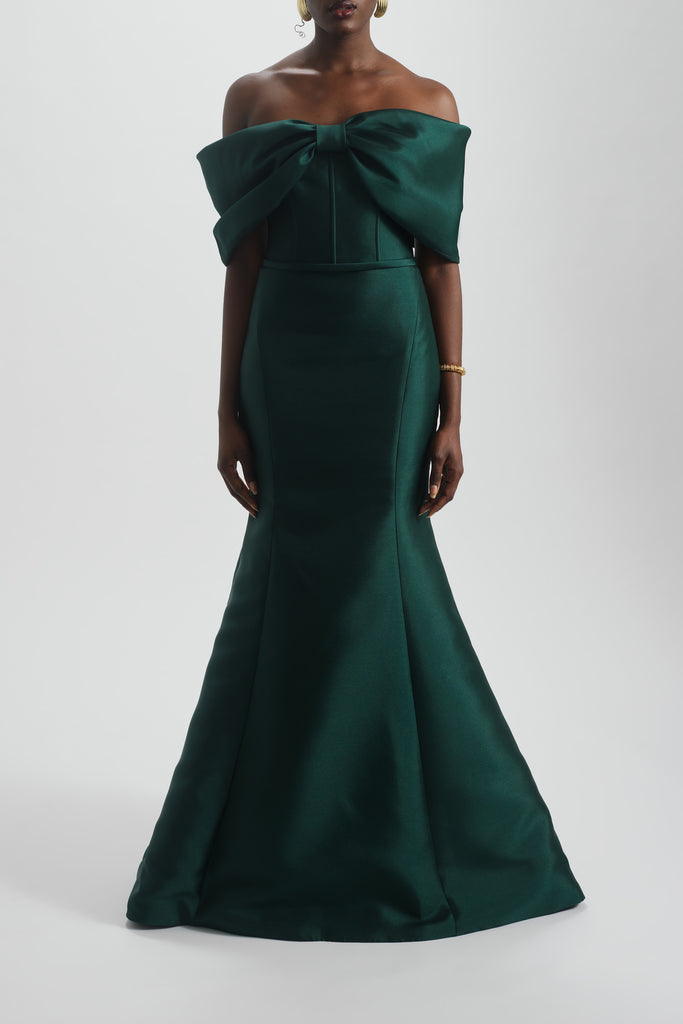 bridesmaid dress bow Amsale Evening Off The Shoulder Bow Gown P851M Slate