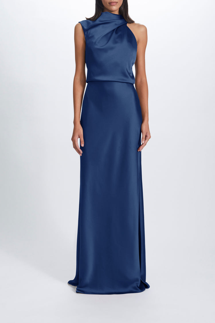 AMSALE Fluid Satin Draped Neck Dress French-Blue / 24