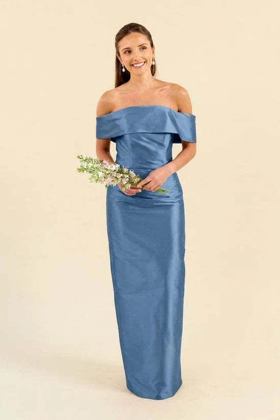silk shantung bridesmaid dresses Christy Bodice with Straight Skirt in Wedgewood and dramatic plunge cowl 23BFCM2025UNDER50 Easy Skinny Blue Cheese Color:Sky_Blue