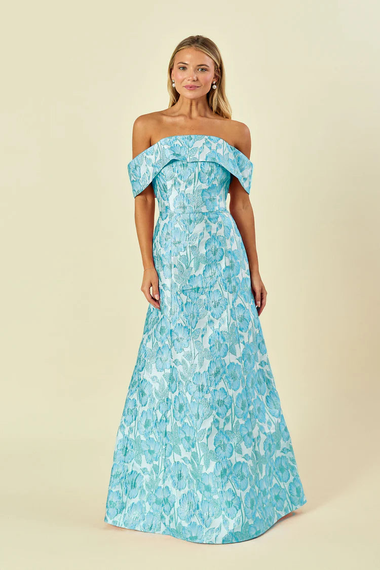 LulaKate Christy Evening Dress in Metallic Floral Jacquard Teal Metallic Floral