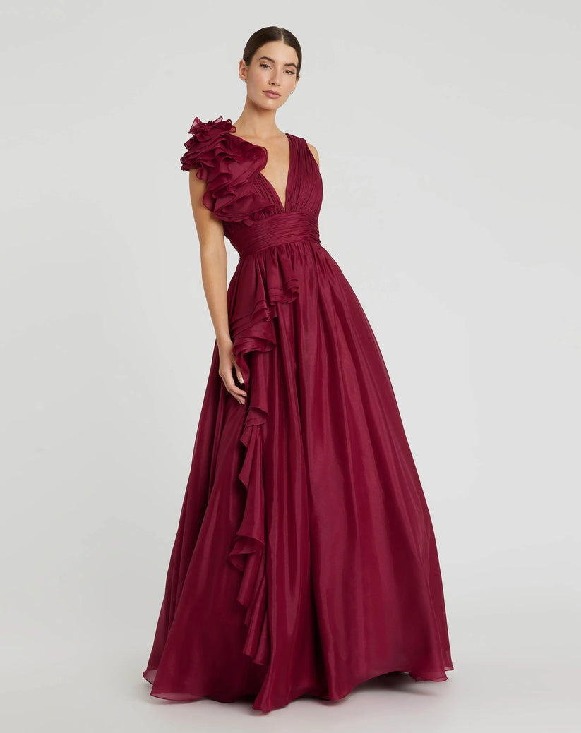 Mac Duggal Women's Ruffle Shoulder V-Neck Gown - Wine