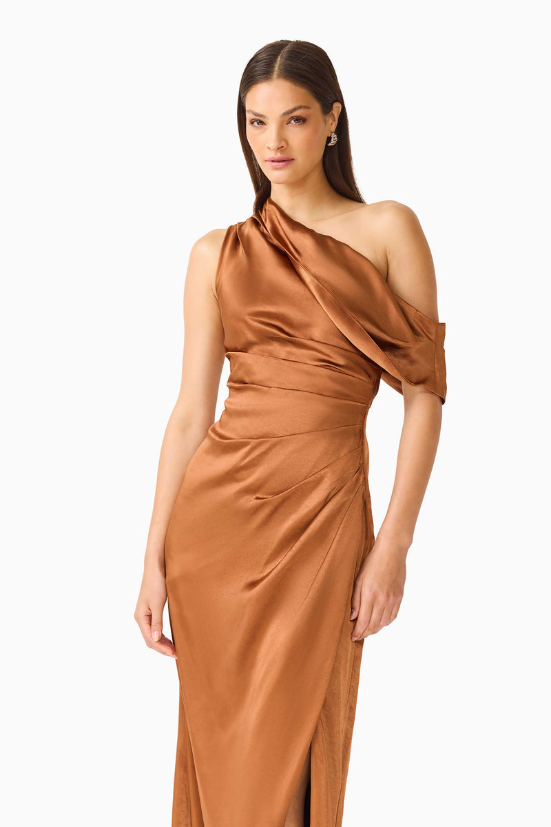 brown one shoulder dress Isadora Off The Gown - Toffee - M Please choose the desired Finish:Antiqued Coffee 60s Mod Art Hip Tuxedo suit