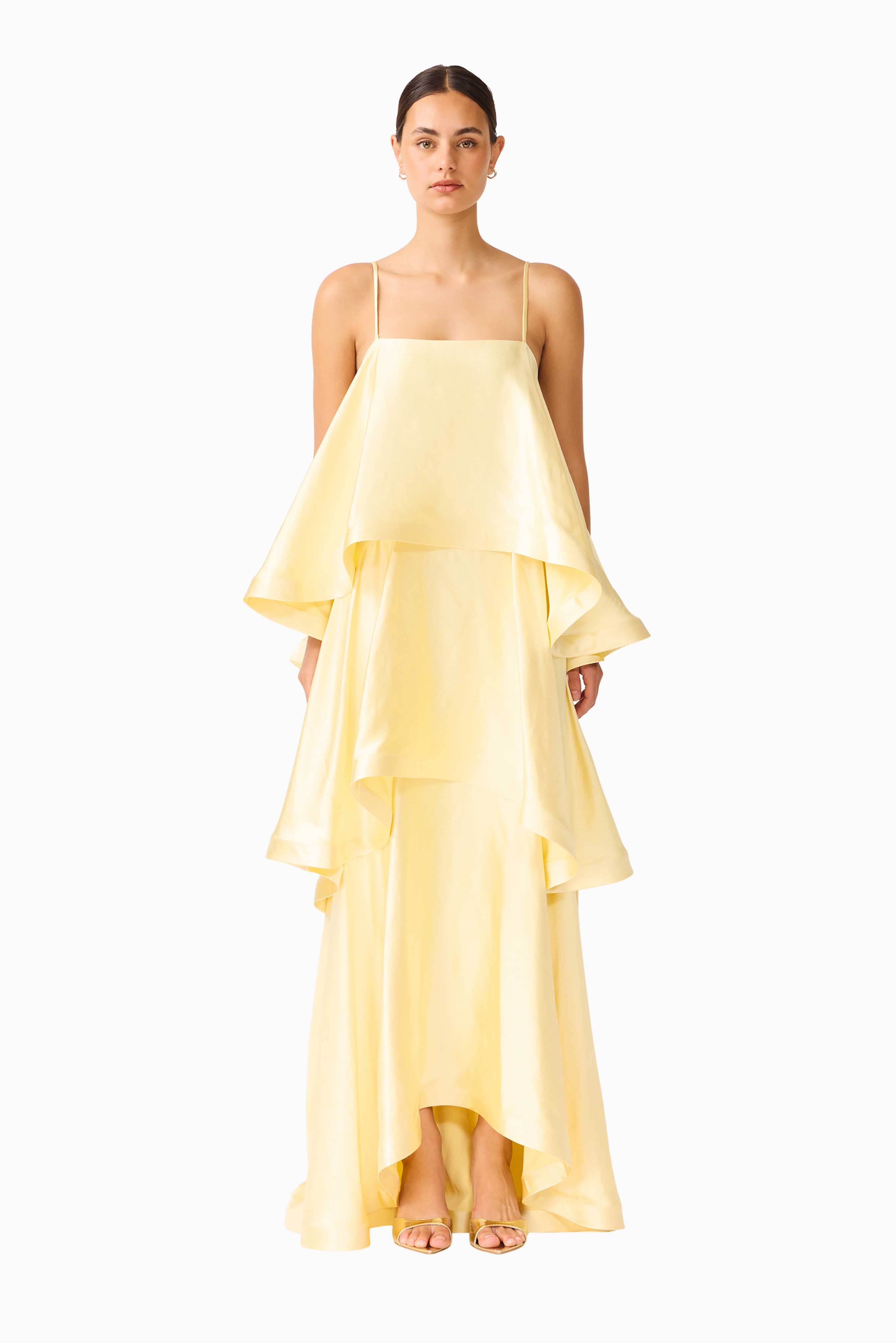 maxi yellow dress Andie Open Back Satin Shop American Threads Women's Trendy Online Boutique Blue / M and ruffle accents throughout Massimo Dutti Linen Blend Flowing
