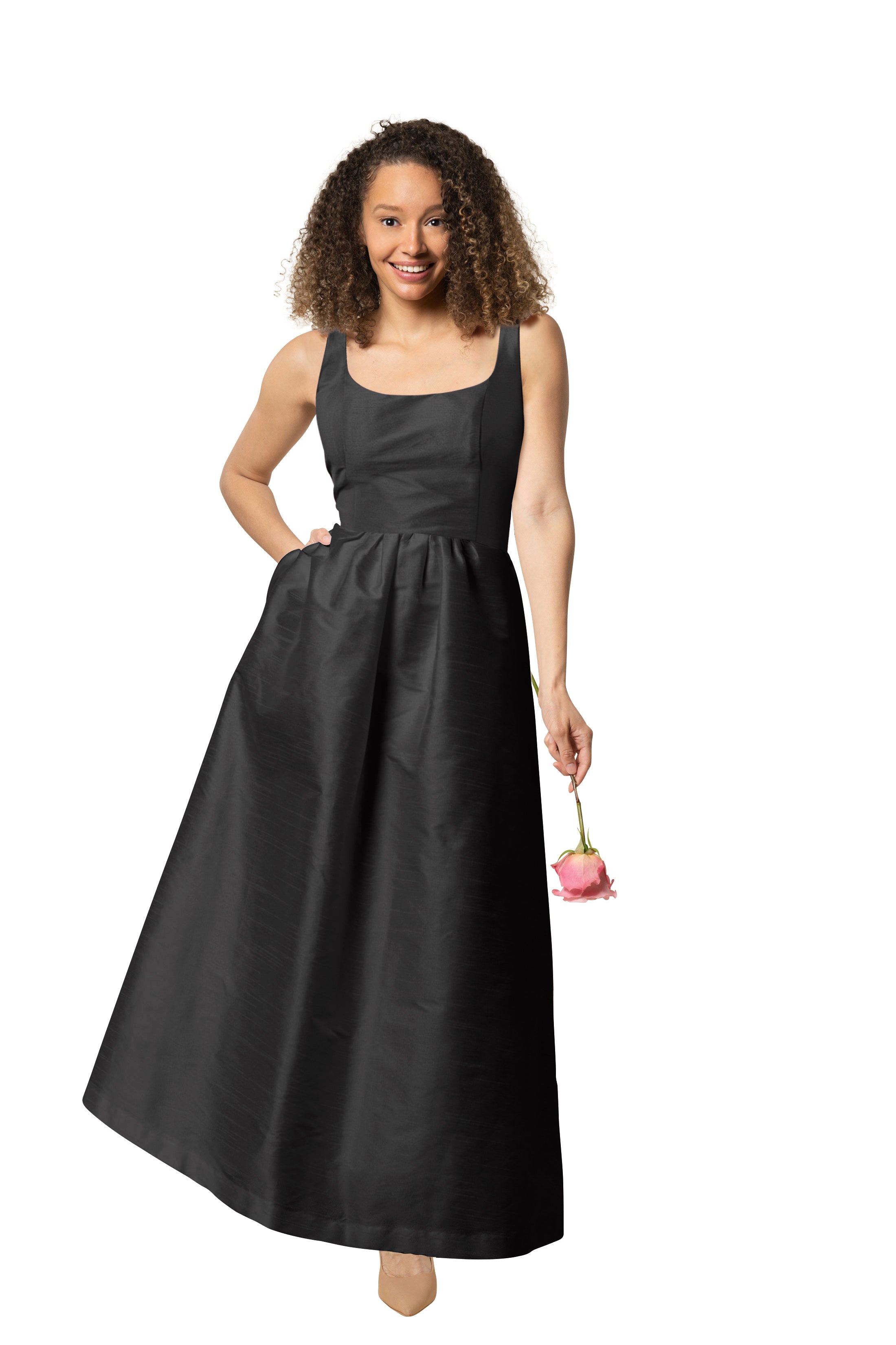 bobbin net plunging flange skirt bridesmaid dress Emily Bodice with Gathered Skirt in Shantung Wedgewood