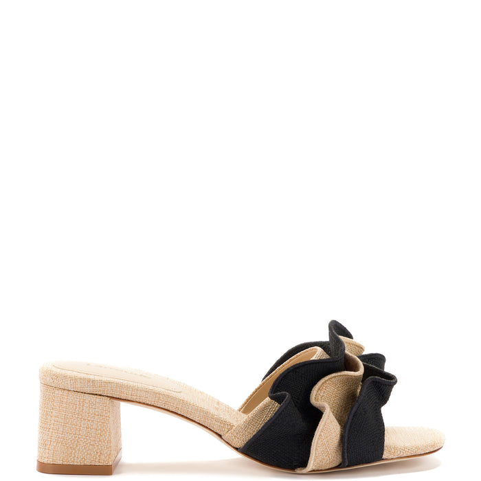 Brigitte Ruffle Mule in Beige and Black Raffia 11 Beige and Black