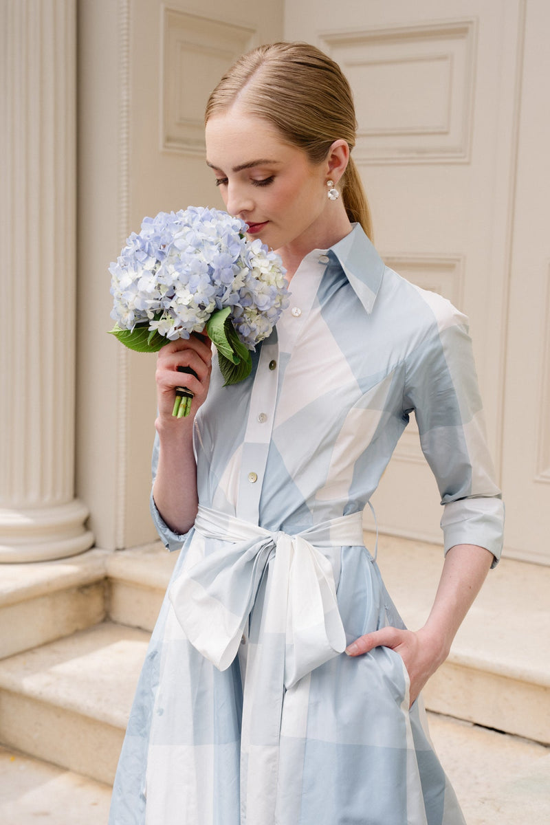 LulaKate Candice Dress in Gingham Dupioni Hydrangea