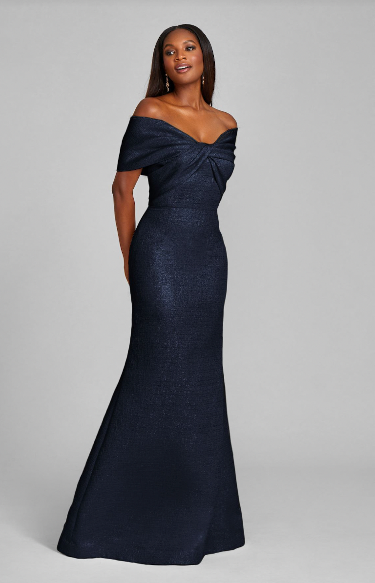 Rickie Freeman For Teri Jon Off-Shoulder Twist-Front Jacquard Gown, Sapphire, Women's, 6, Off-The-Shoulder Gowns
