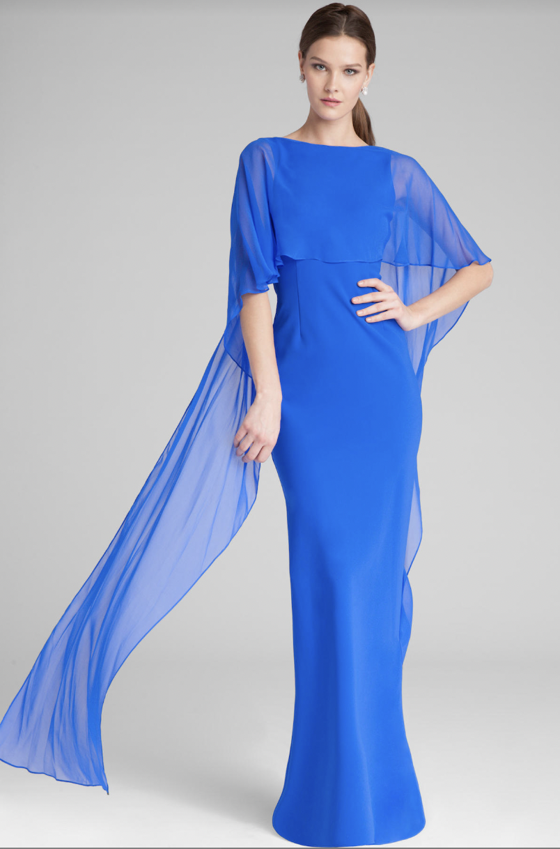 Teri Jon Cobalt Chiffon Cape Over Scuba Sheath Gown Size 8