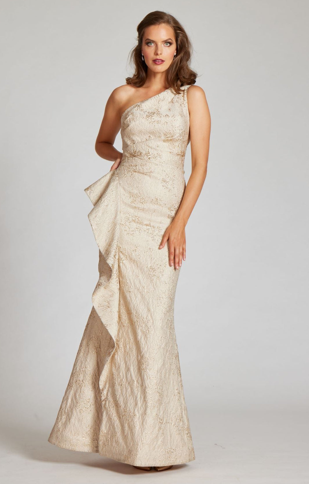 Teri Jon Metallic Jacquard One Shoulder Gown - Gold
