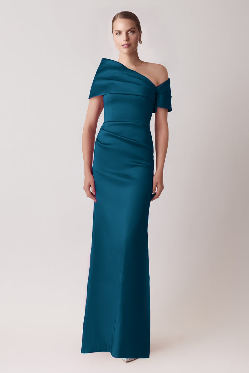 navy blue dress for baby girl Teri Jon by Rickie Freeman Metallic Jacquard Asymmetrical Gown