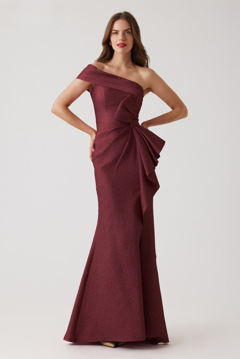 Teri Jon Metallic Jacquard One Shoulder High Low Gown Size 10
