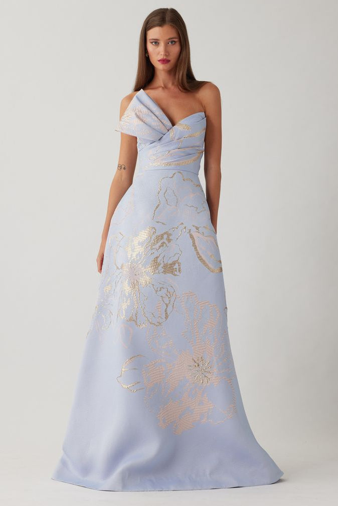 teri jon blue dress One Shoulder Jacquard Evening Gown 217028 enhanced by delicate beadwork that adds subtle shimmer and dimension Teri Jon Metallic Jacquard Strapless