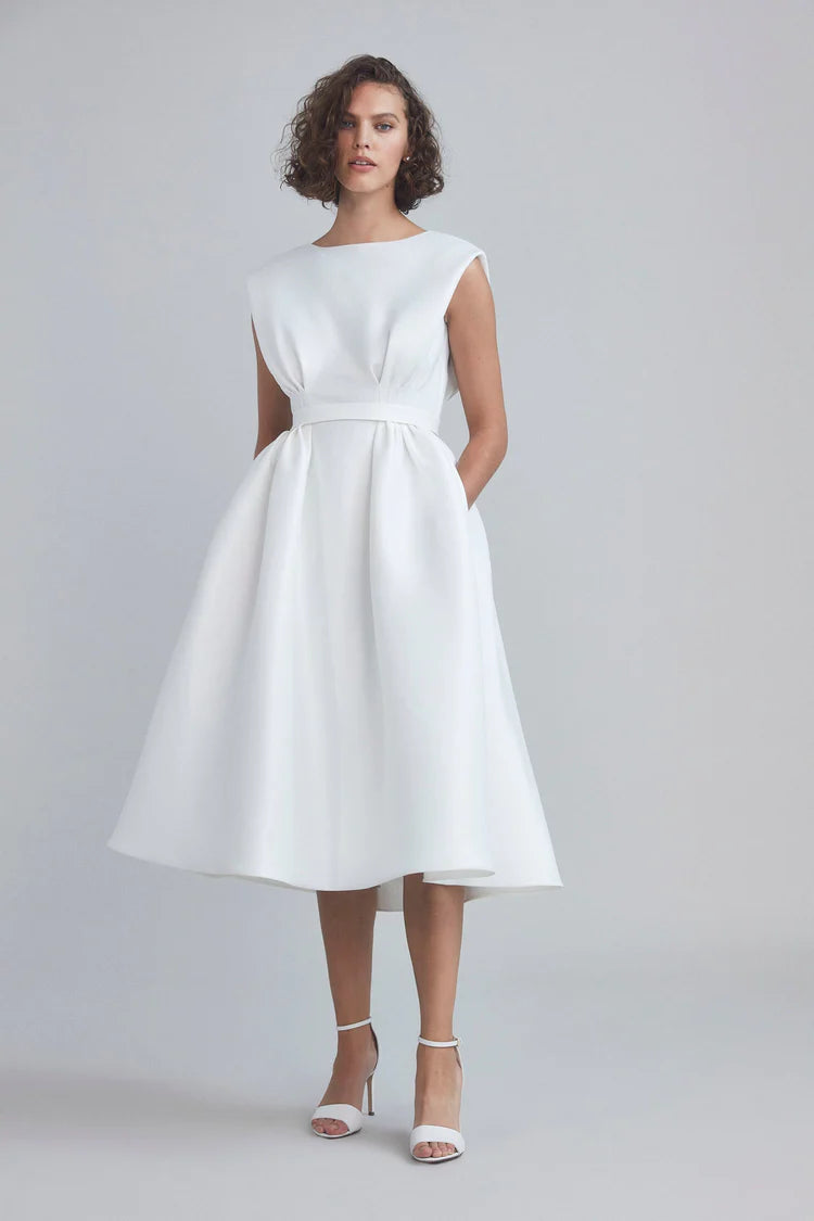 white a line dress ZAPAKA Women Off the Shoulder Graduation Chiffon Ruffled Pleated Short Little Dress, Daffodil / custom adding gentle texture without bulk White Satin A-line Gown by
