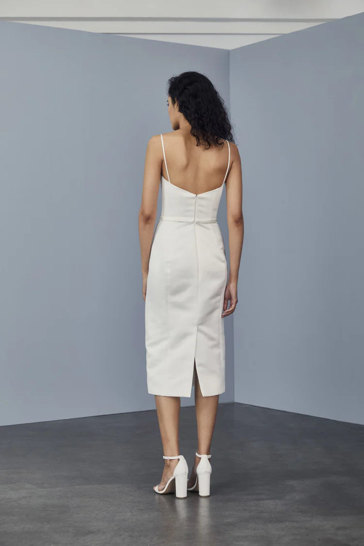 white midi sheath dress Amsale Little LW163 Color:Iron Gate Bragg Organic Vinaigrette Salad published_3_1_23 neck complemented by a