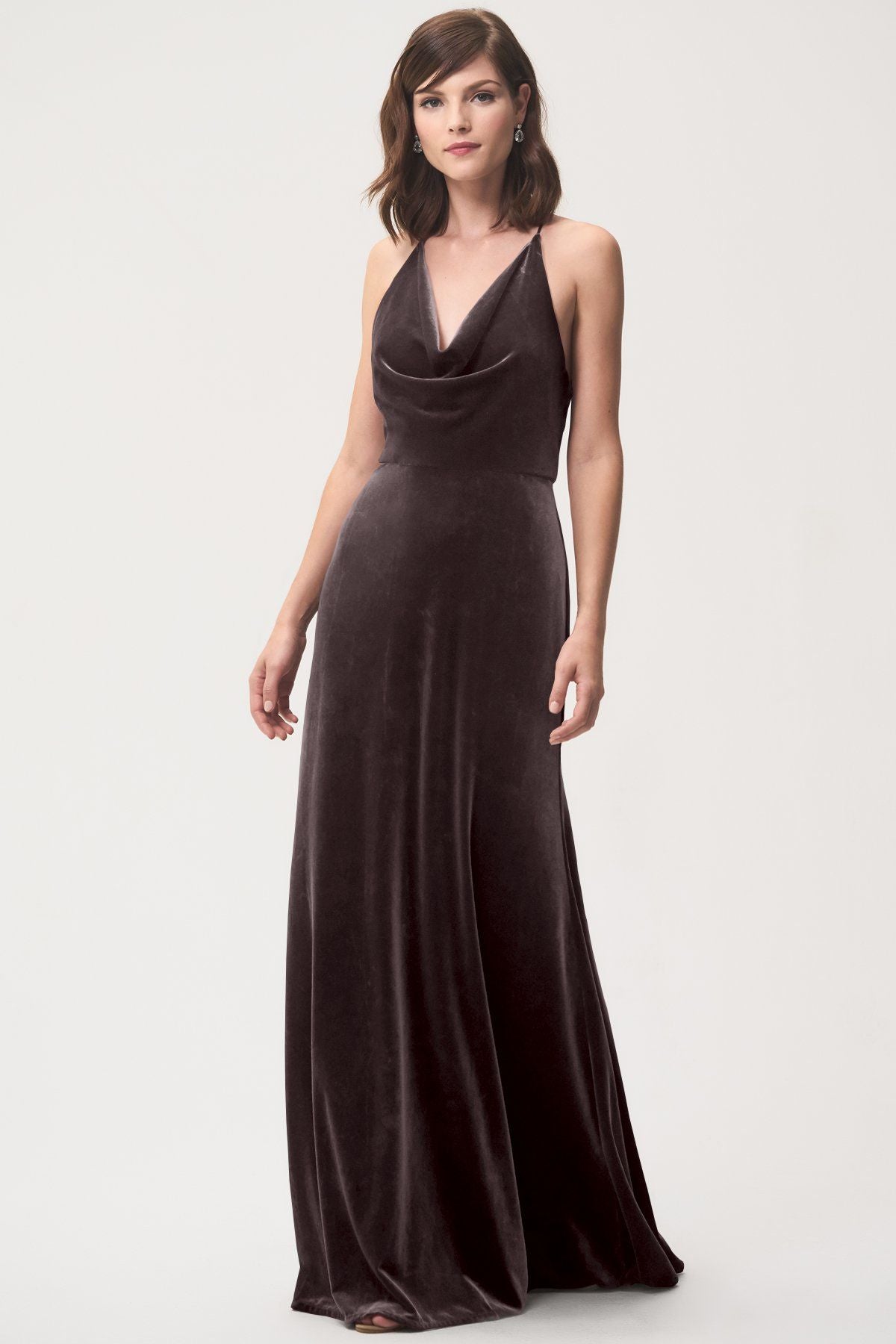 jenny yoo velvet bridesmaid dresses Sullivan Cowl Neck Gown Dark Berry emerald velvet bridesmaid dress