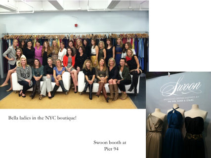 The Bella Bridesmaids team (20+ women) in a large group photo plus a sneak peek at some Bridal Market booths/vendors