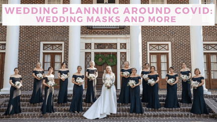 Header image with bride and bridesmaids standing far apart from each other on the steps of a town hall