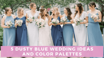 Dusty blue wedding header with a picture of bride and bridesmaids and pink and white text