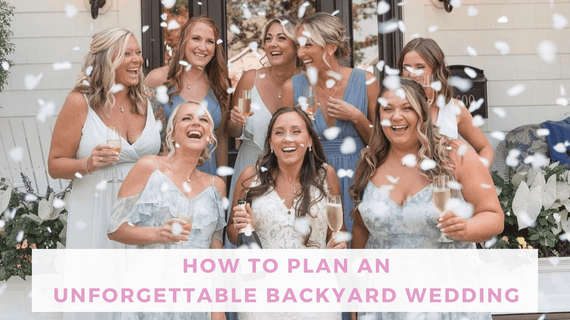 Bride and bridesmaids celebrating in backyard