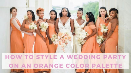 Bride with her wedding party all dressed in orange