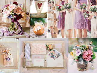 Wedding photo collage with purple and pink flowers, capturing beautiful moments of love and celebration. 