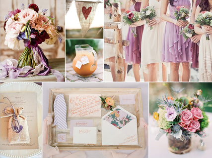 Wedding photo collage with purple and pink flowers, capturing beautiful moments of love and celebration. 