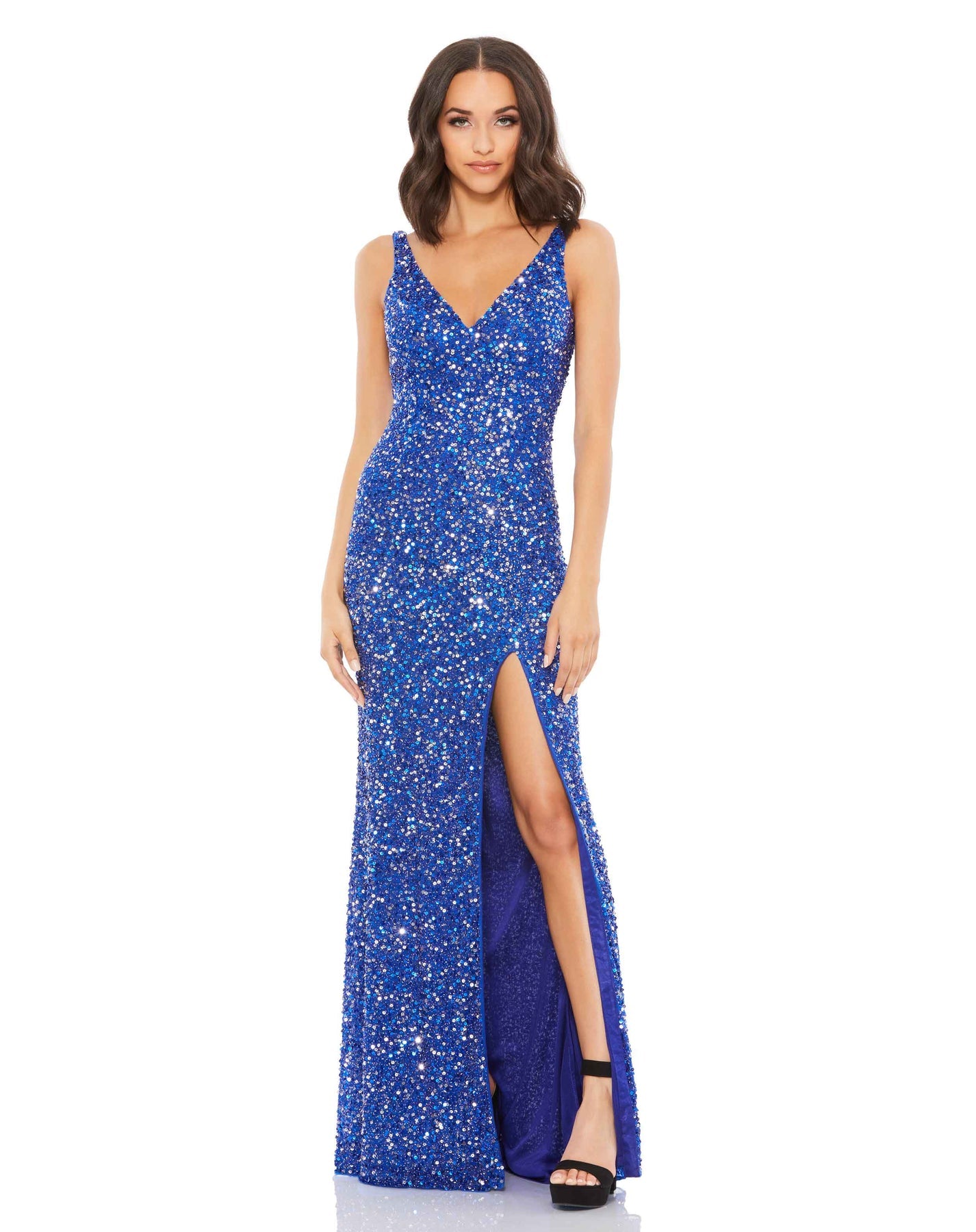 Mac duggal サテンプリーツ Vネック ミディアム ドレス ブルー Sequined Illusion Puff Sleeve V Neck Midi Dress - Mac Duggal