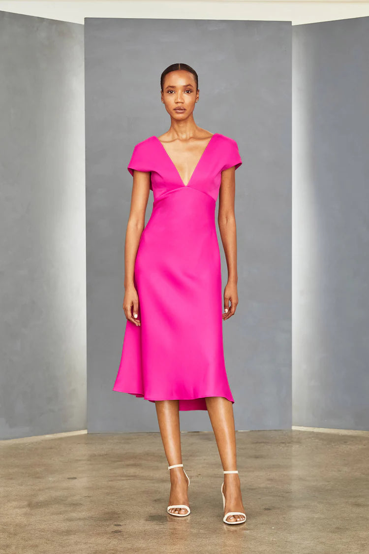 Stretch Crepe V-neck, bias skirt midi dress with back tails. Shown in fuschia.