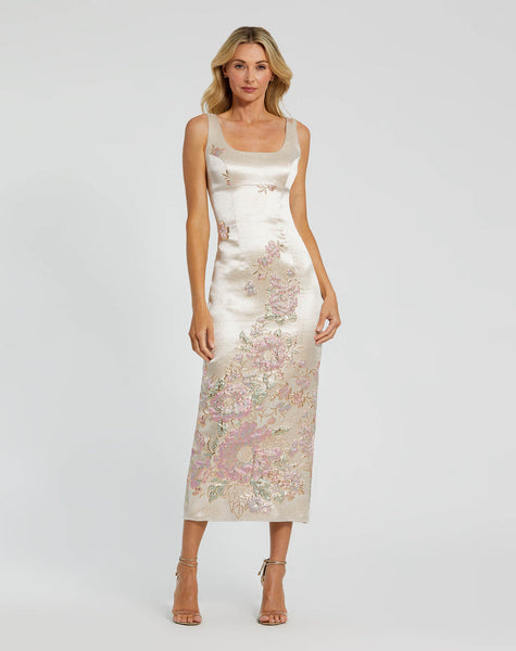 mac duggal square neck floral printed satin maxi dress Bustier Floral Applique Gown by Ieena for Mac Duggal