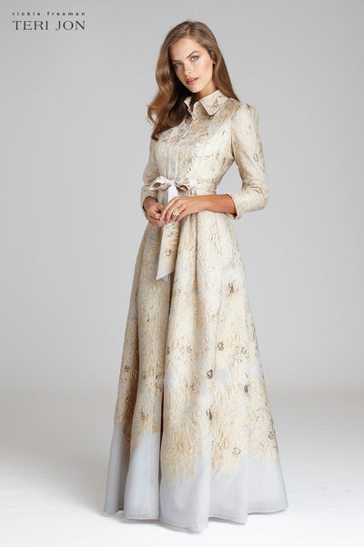 teri jon gold dress By Rickie Freeman Women's Metallic Shirtwaist Gown - Finished with rolled sleeves Clothing Size:XS ✨Introducing the Luna Wrap 2502