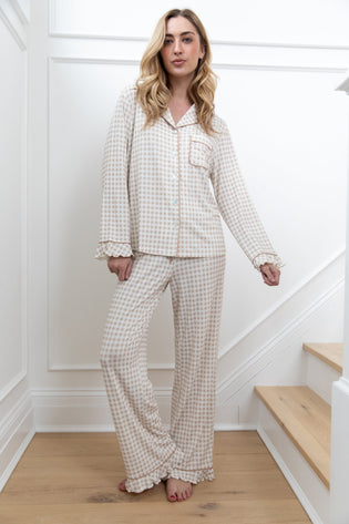 Waverles Ruffle Bamboo Pajama Pant Set in Tan Gingham