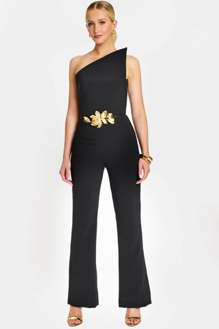 Jovani One Shoulder Jumpsuit With Gold Floral Belt 48659
