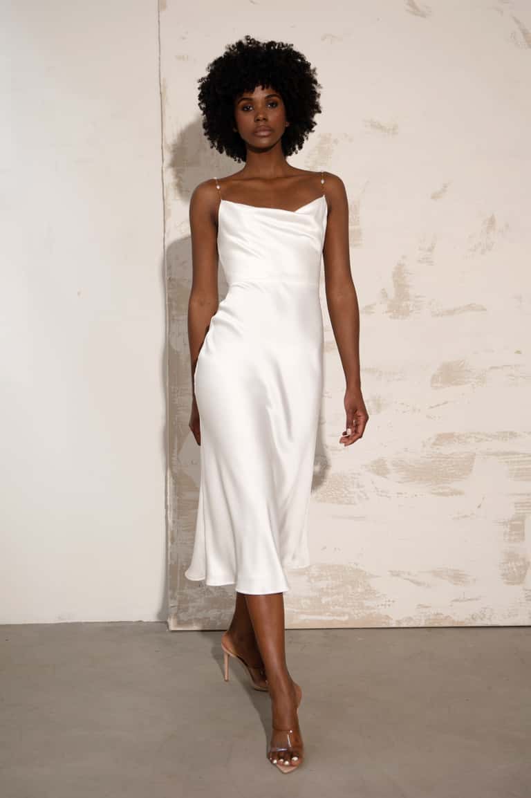 white dress with gold chains Jenny Yoo Little Andrea back create a flattering size:3 Accent Finish:Solid White Caldise Low Heel Dress